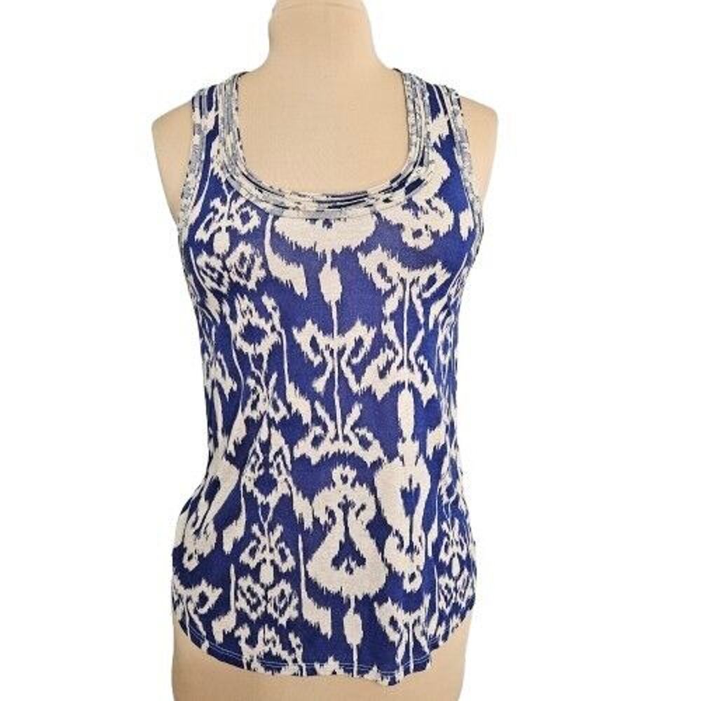 Ella Moss Tank Top Womens Large Blue Beige Sleeveless Scoop Neck Pullover Casual